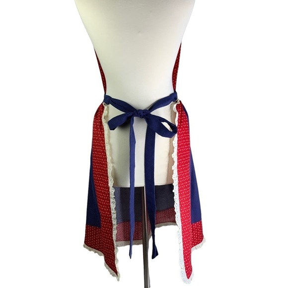 Vintage 90’s Handmade White Fuzzy Sheep Bib Apron Red Gingham Check Ruffle Med. - Picture 5 of 8